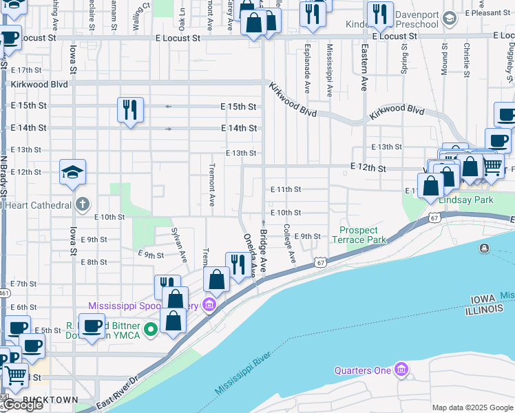 map of restaurants, bars, coffee shops, grocery stores, and more near 1002 Bridge Avenue in Davenport