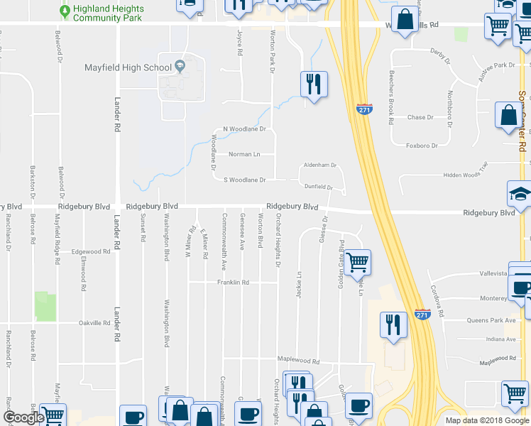map of restaurants, bars, coffee shops, grocery stores, and more near 1107 Worton Boulevard in Mayfield Heights