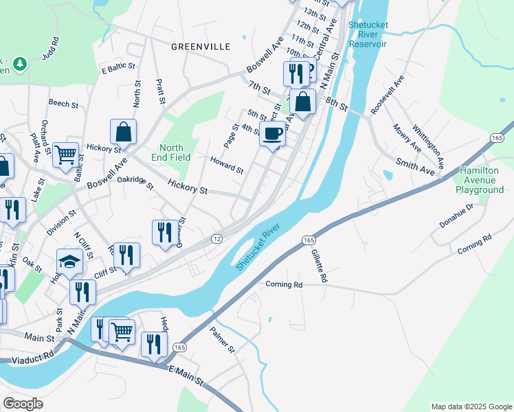 map of restaurants, bars, coffee shops, grocery stores, and more near 115 Central Avenue in Norwich