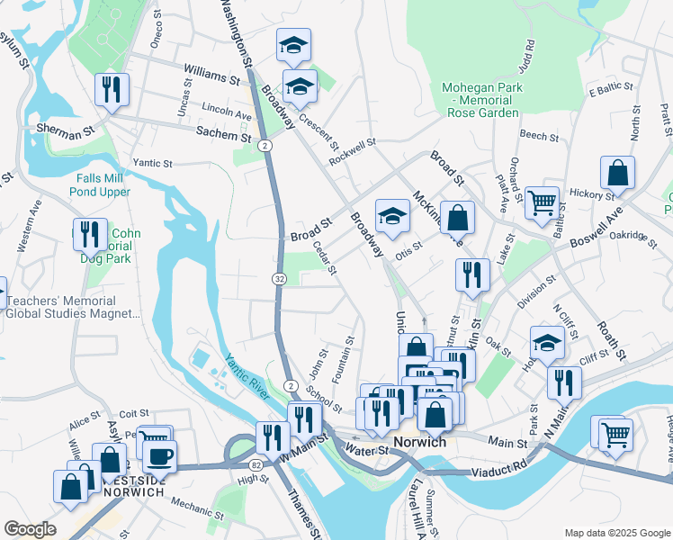 map of restaurants, bars, coffee shops, grocery stores, and more near 9 Slater Avenue in Norwich