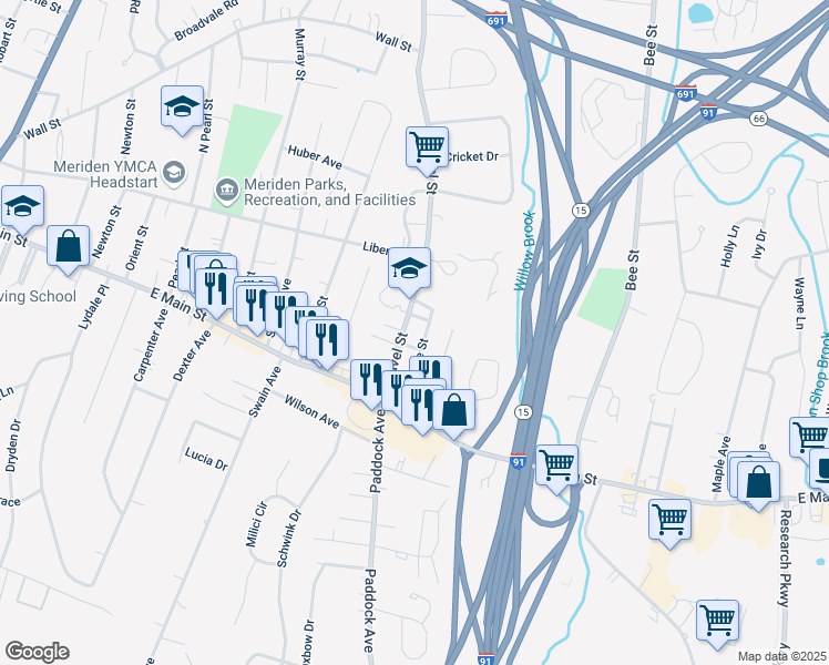map of restaurants, bars, coffee shops, grocery stores, and more near 15 Sylvester Street in Meriden