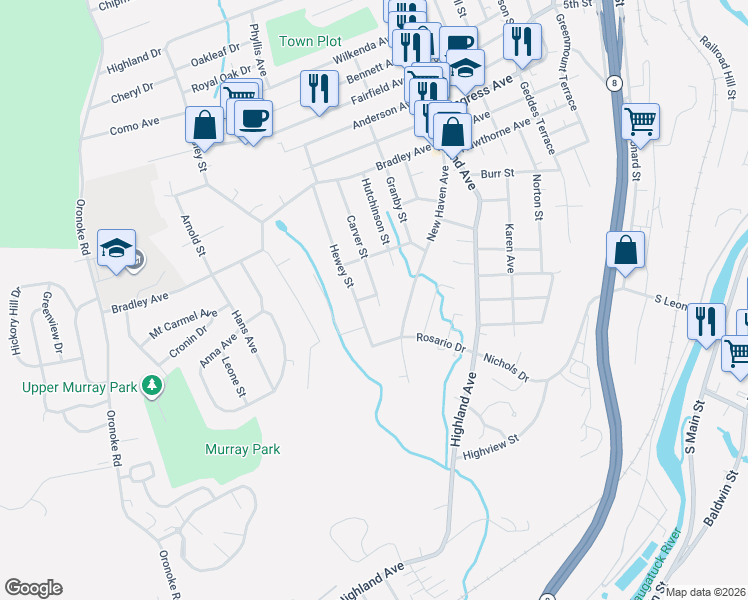 map of restaurants, bars, coffee shops, grocery stores, and more near 180 Carver Street in Waterbury