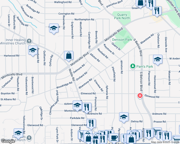map of restaurants, bars, coffee shops, grocery stores, and more near 3978 Orchard Road in Cleveland Heights