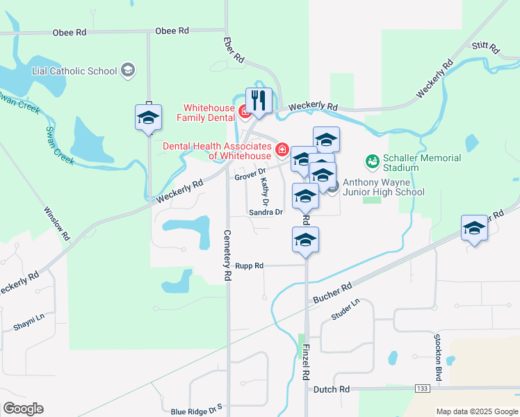 map of restaurants, bars, coffee shops, grocery stores, and more near 6036 Kathy Drive in Whitehouse