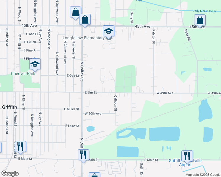 map of restaurants, bars, coffee shops, grocery stores, and more near 1340 E Elm St in Griffith