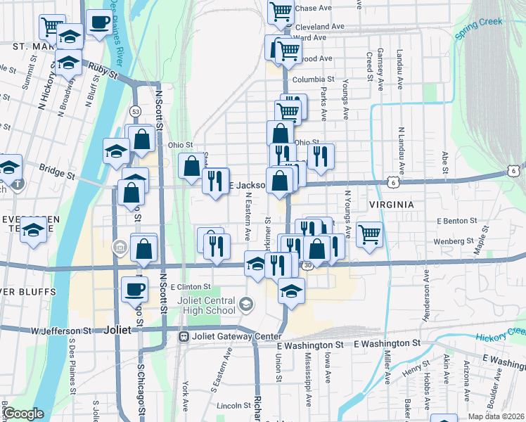map of restaurants, bars, coffee shops, grocery stores, and more near 309 Herkimer Street in Joliet