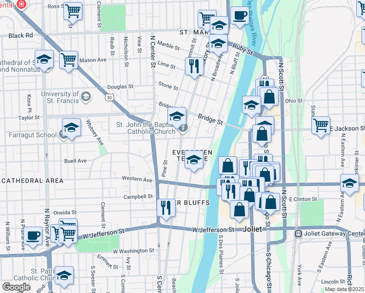 map of restaurants, bars, coffee shops, grocery stores, and more near 374 North Hickory Street in Joliet