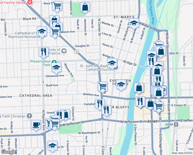 map of restaurants, bars, coffee shops, grocery stores, and more near in Joliet