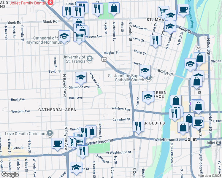 map of restaurants, bars, coffee shops, grocery stores, and more near 509 Buell Avenue in Joliet