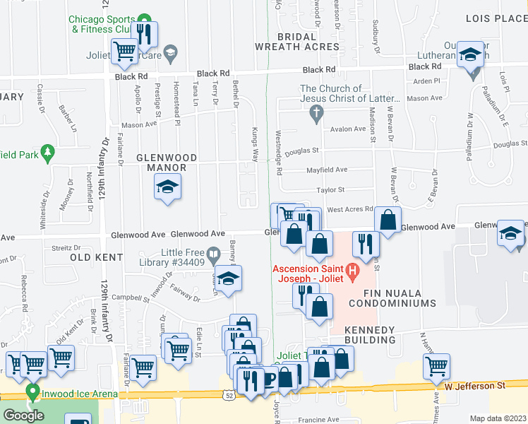 map of restaurants, bars, coffee shops, grocery stores, and more near 2422 Walsh Way in Joliet
