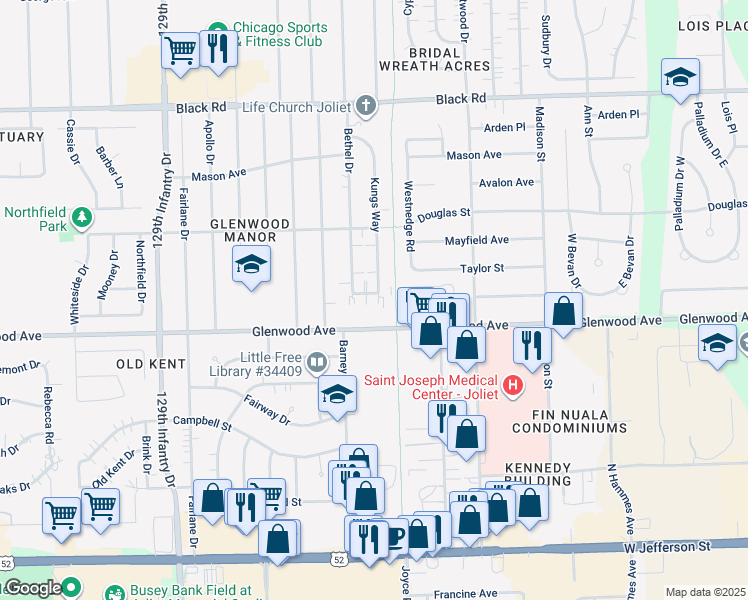 map of restaurants, bars, coffee shops, grocery stores, and more near 2422 Walsh Way in Joliet
