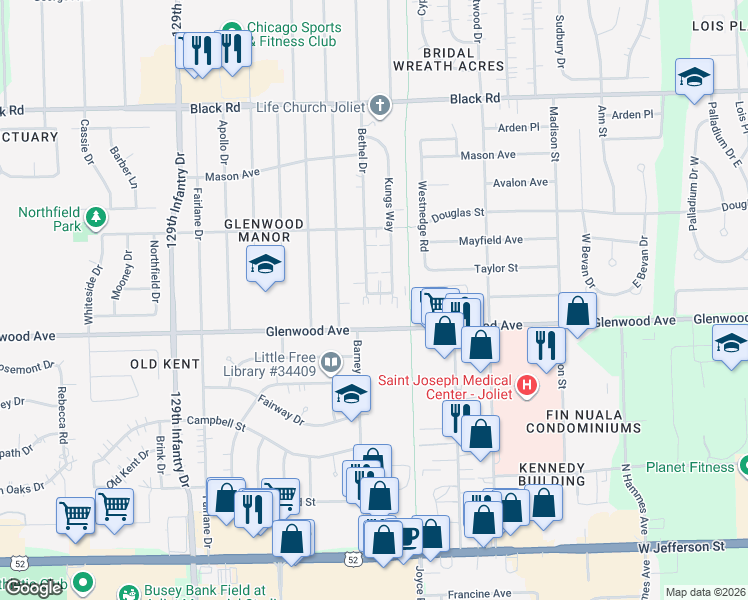 map of restaurants, bars, coffee shops, grocery stores, and more near 2456 Walsh Way in Joliet