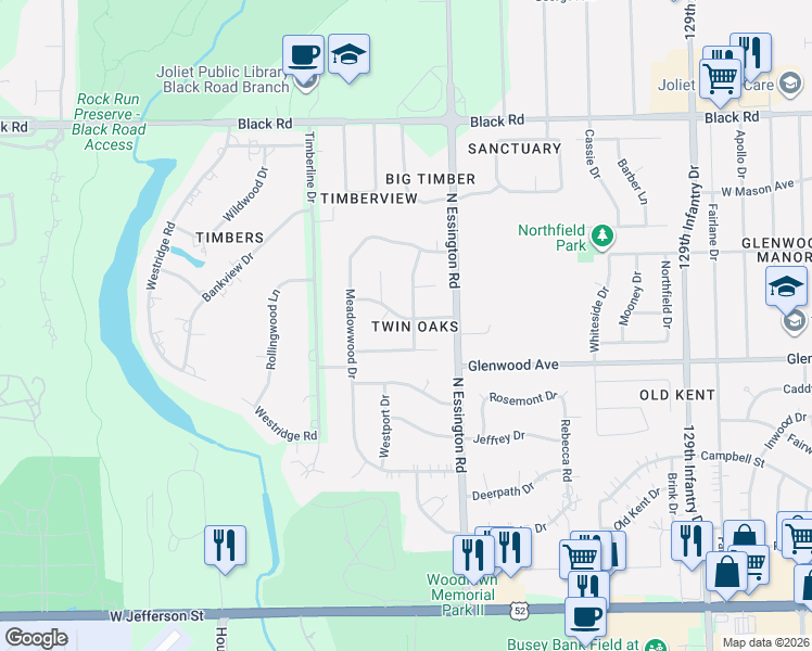 map of restaurants, bars, coffee shops, grocery stores, and more near 3222 Burr Oaks Drive in Joliet