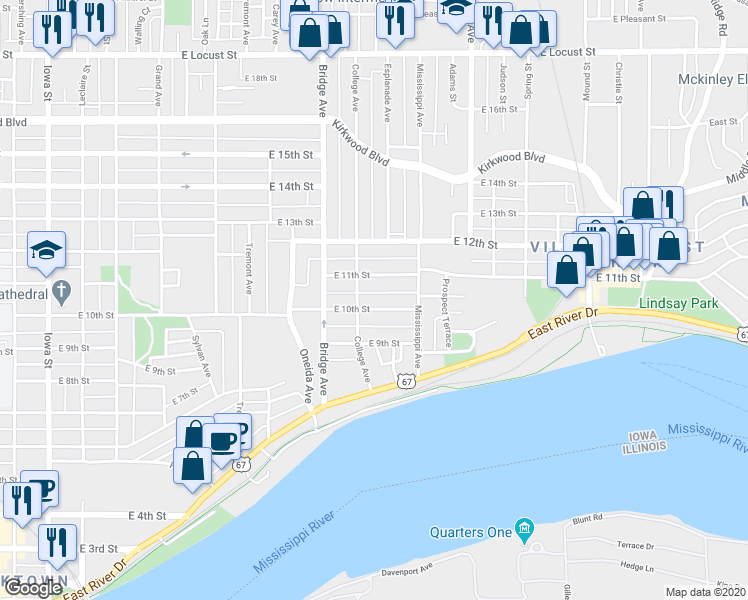map of restaurants, bars, coffee shops, grocery stores, and more near 1330 East 10th Street in Davenport