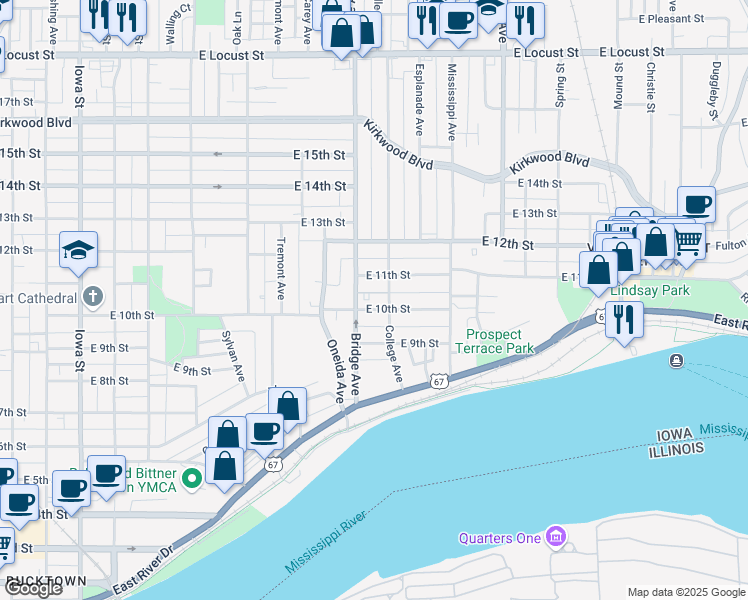 map of restaurants, bars, coffee shops, grocery stores, and more near 1014 College Avenue in Davenport