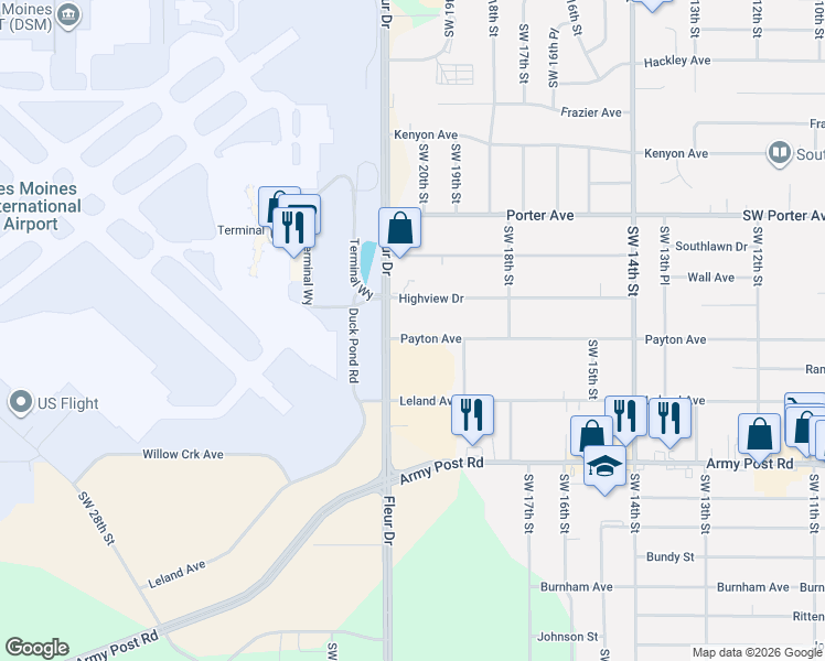 map of restaurants, bars, coffee shops, grocery stores, and more near 2015 Payton Avenue in Des Moines