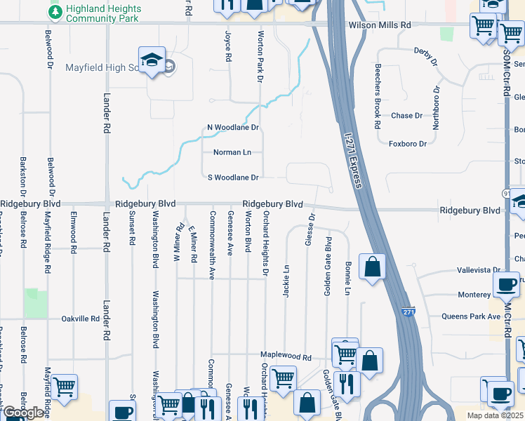 map of restaurants, bars, coffee shops, grocery stores, and more near 1106 Orchard Heights Drive in Mayfield Heights