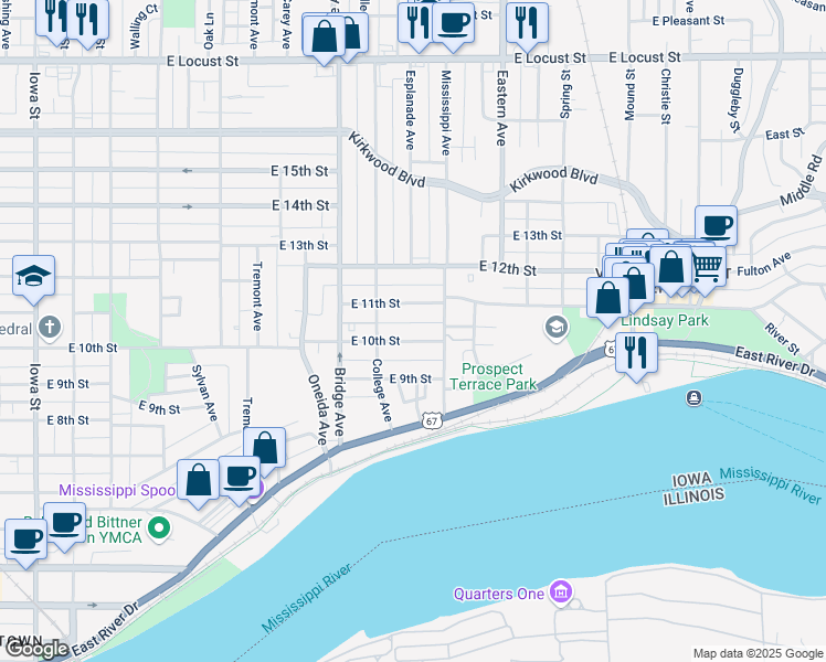 map of restaurants, bars, coffee shops, grocery stores, and more near 1330 East 10th Street in Davenport