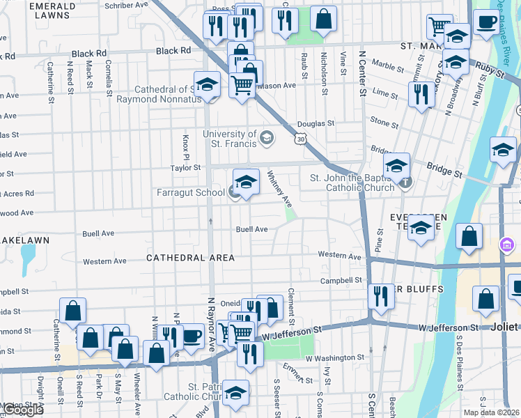 map of restaurants, bars, coffee shops, grocery stores, and more near 662 Glenwood Avenue in Joliet