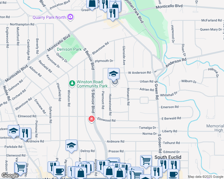 map of restaurants, bars, coffee shops, grocery stores, and more near 1089 Homestead Road in South Euclid