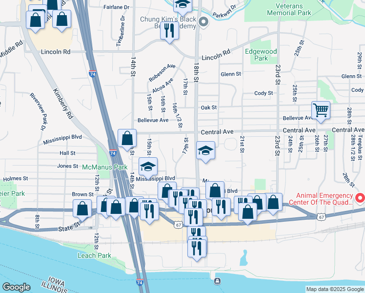 map of restaurants, bars, coffee shops, grocery stores, and more near 904 17th Street in Bettendorf