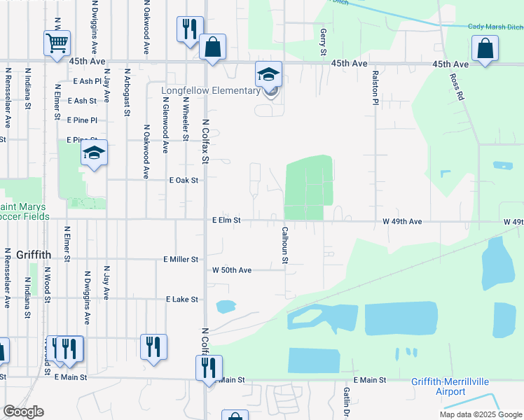 map of restaurants, bars, coffee shops, grocery stores, and more near 1340 East Elm Street in Griffith