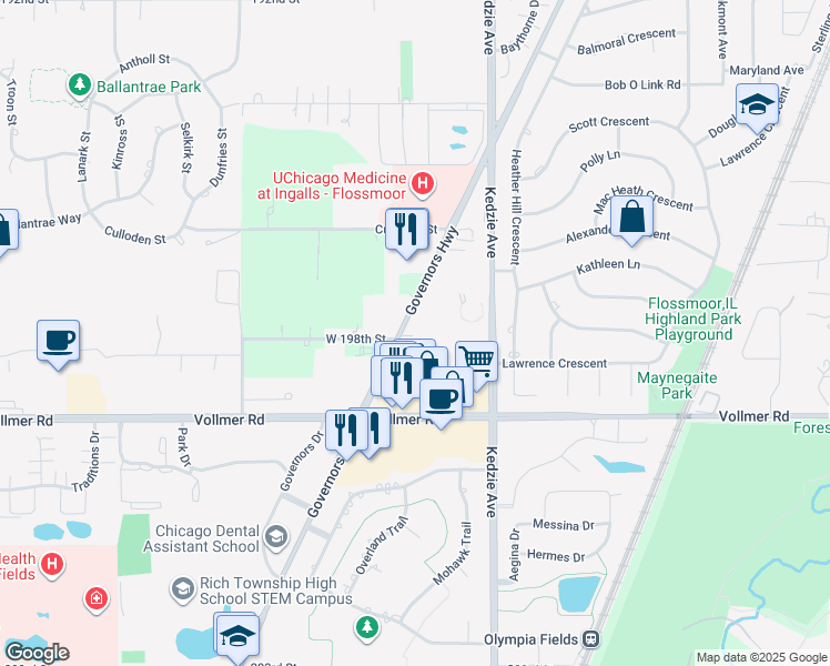map of restaurants, bars, coffee shops, grocery stores, and more near 19725 Governors Highway in Flossmoor