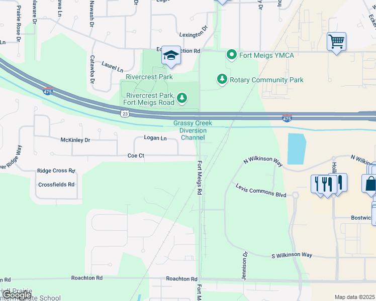 map of restaurants, bars, coffee shops, grocery stores, and more near 1935 Coe Court in Perrysburg