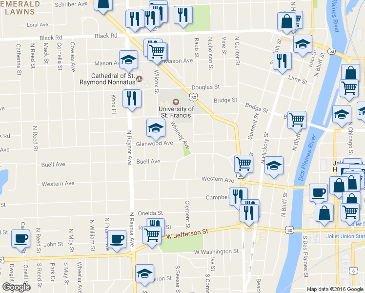 map of restaurants, bars, coffee shops, grocery stores, and more near 357 Whitney Avenue in Joliet