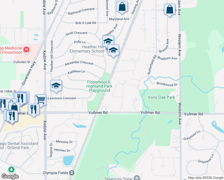 map of restaurants, bars, coffee shops, grocery stores, and more near 1740 Lake Drive in Flossmoor