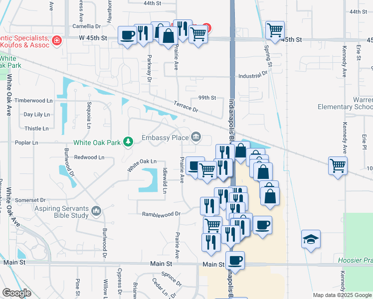 map of restaurants, bars, coffee shops, grocery stores, and more near 2220 Teakwood Circle in Highland