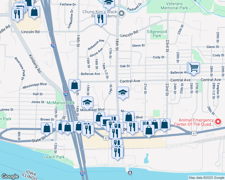 map of restaurants, bars, coffee shops, grocery stores, and more near 904 17th Street in Bettendorf