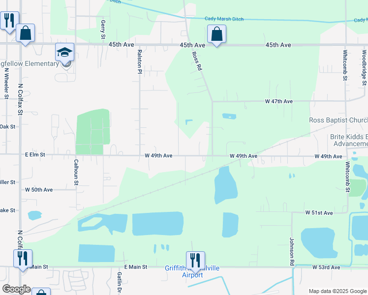 map of restaurants, bars, coffee shops, grocery stores, and more near 1806 E Elm St in Griffith