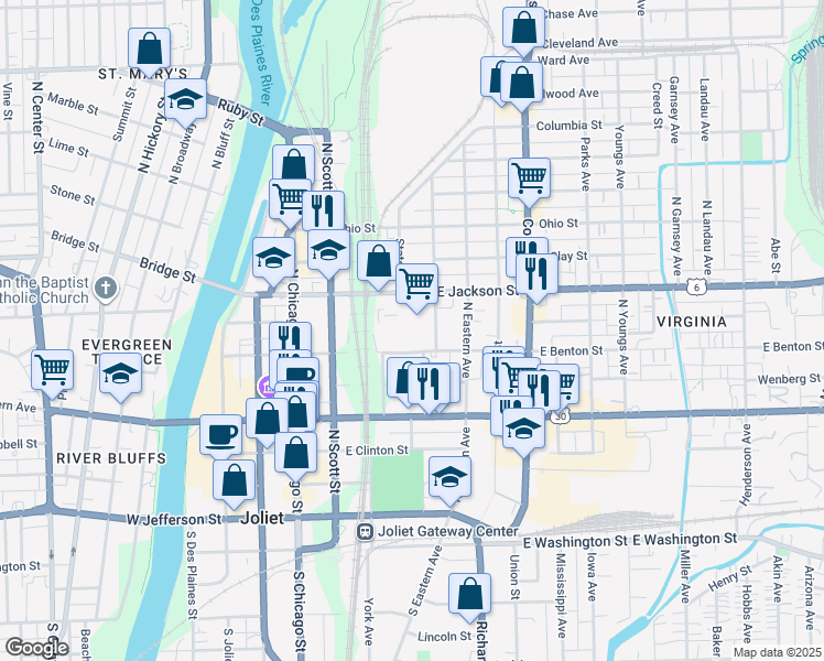 map of restaurants, bars, coffee shops, grocery stores, and more near 118 E Jackson St in Joliet
