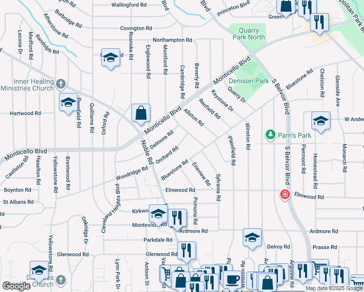 map of restaurants, bars, coffee shops, grocery stores, and more near 3978 Orchard Road in Cleveland Heights