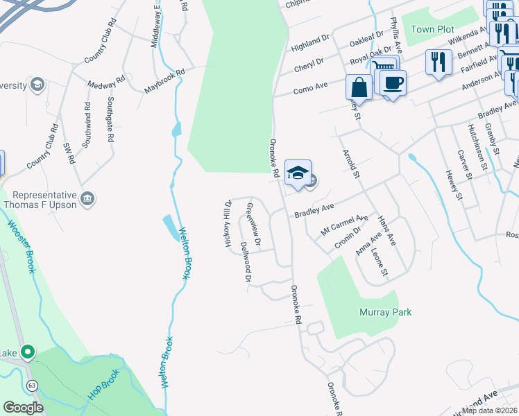 map of restaurants, bars, coffee shops, grocery stores, and more near 29 Hickory Hill Drive in Waterbury