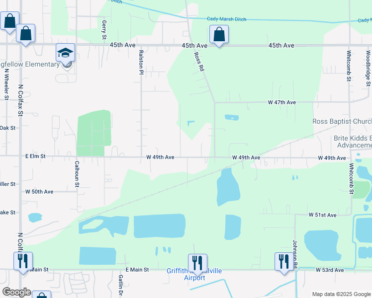 map of restaurants, bars, coffee shops, grocery stores, and more near 1806 E Elm St in Griffith