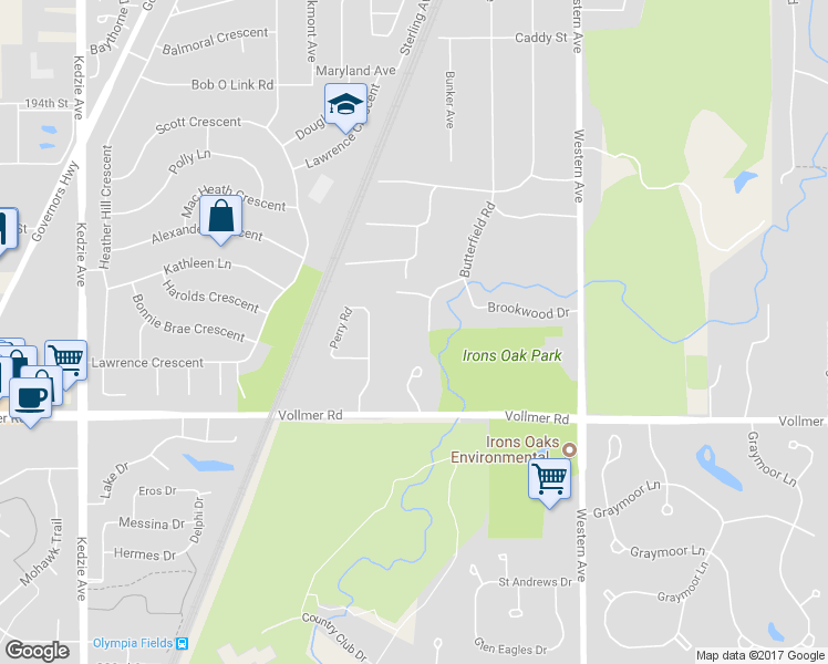 map of restaurants, bars, coffee shops, grocery stores, and more near 1740 Butterfield Road in Flossmoor