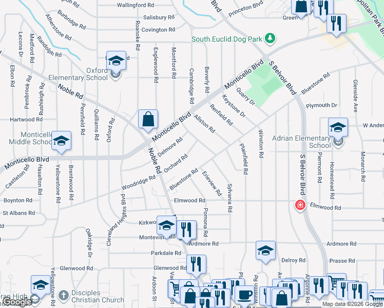 map of restaurants, bars, coffee shops, grocery stores, and more near 3978 Orchard Road in Cleveland Heights