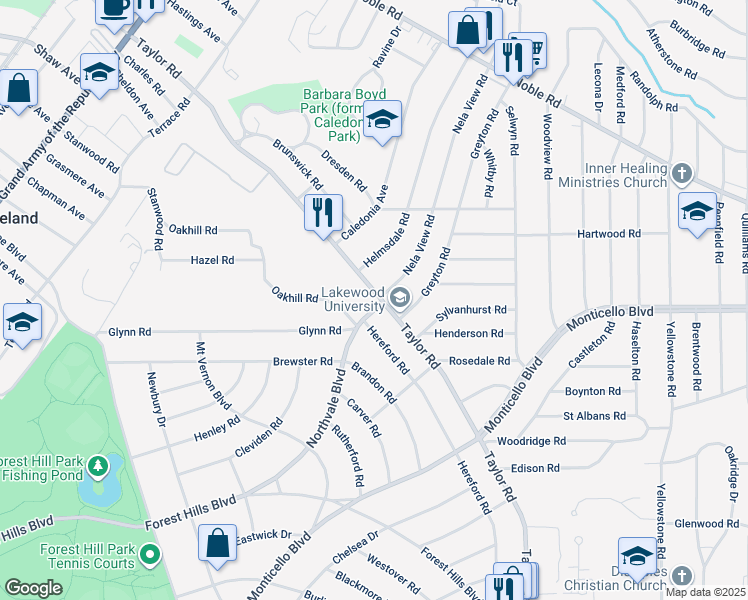 map of restaurants, bars, coffee shops, grocery stores, and more near 3739 Northvale Blvd in Cleveland Heights