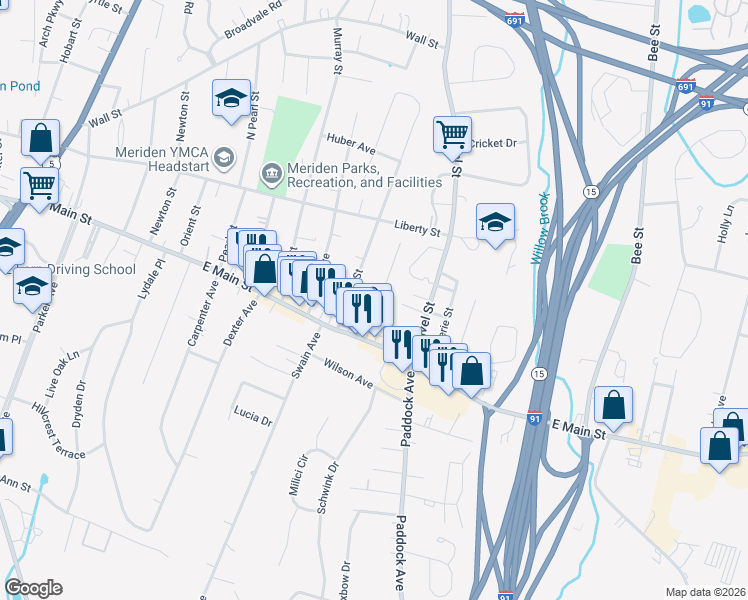 map of restaurants, bars, coffee shops, grocery stores, and more near 44 Horton Avenue in Meriden