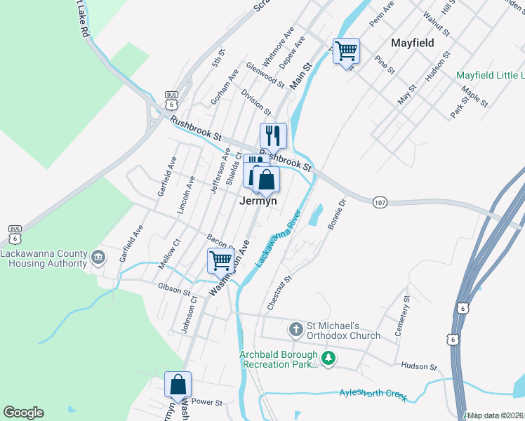 map of restaurants, bars, coffee shops, grocery stores, and more near 1-599 Laurel Street in Jermyn