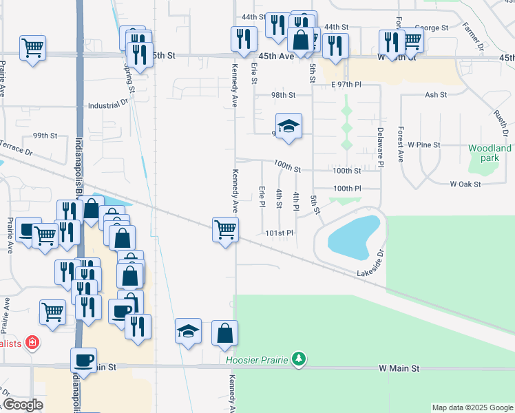map of restaurants, bars, coffee shops, grocery stores, and more near 10046 Erie Pl in Highland