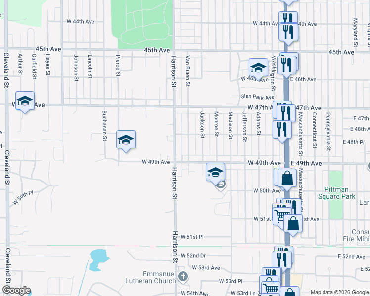 map of restaurants, bars, coffee shops, grocery stores, and more near 4840 Van Buren Street in Gary