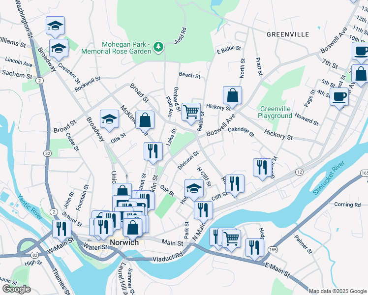 map of restaurants, bars, coffee shops, grocery stores, and more near 88 Boswell Avenue in Norwich