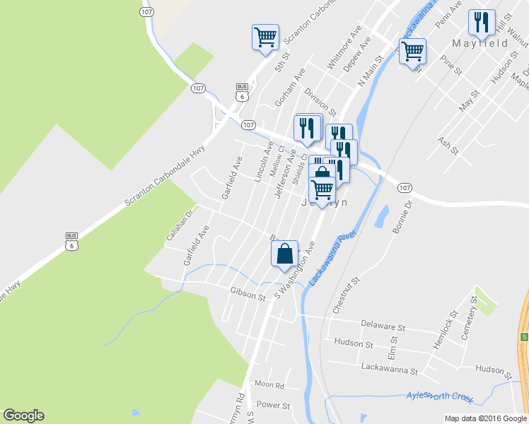 map of restaurants, bars, coffee shops, grocery stores, and more near 525 Jefferson Ave in Jermyn