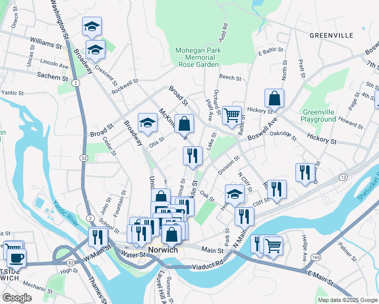 map of restaurants, bars, coffee shops, grocery stores, and more near 140 Chestnut Street in Norwich