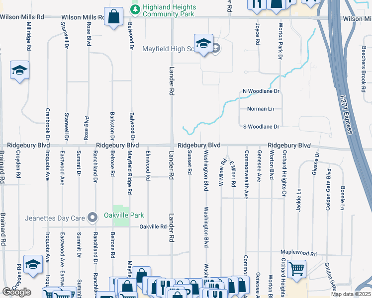 map of restaurants, bars, coffee shops, grocery stores, and more near 6034 Ridgebury Boulevard in Cleveland