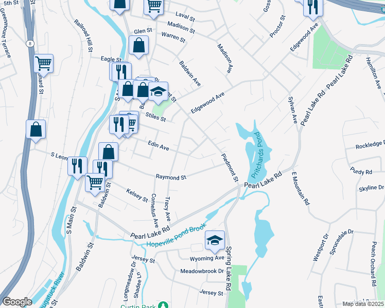 map of restaurants, bars, coffee shops, grocery stores, and more near 197 Edin Avenue in Waterbury