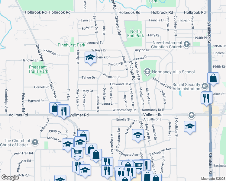 map of restaurants, bars, coffee shops, grocery stores, and more near 135 Grace Ln in Chicago Heights